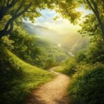 A serene mountain path winding into the distance, surrounded by lush trees and soft, golden light. The image symbolizes the journey of deep healing, transformation, and the spaciousness of therapy intensives.