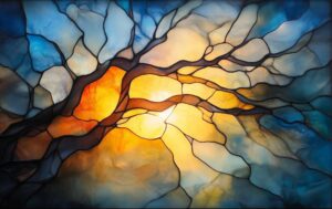 A stained-glass window with colorful, fragmented pieces coming together, illuminated by soft light. The design symbolizes healing, integration, and self-discovery, representing the Internal Family Systems (IFS) therapy process.