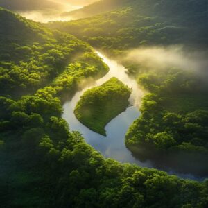 A river gracefully splits into two winding streams through a lush, misty forest, only to merge again downstream, symbolizing the journey of healing and integration after trauma