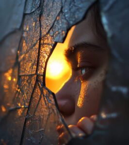Close-up of a human eye reflected in broken or fractured glass, symbolizing self-examination, emotional complexity, and the fragmented aspects of identity. IFS. KAP.