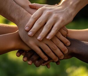 A close-up of multiple hands gently stacked together in a gesture of unity and support, representing diverse racial and gender backgrounds, community, trust, and healing.