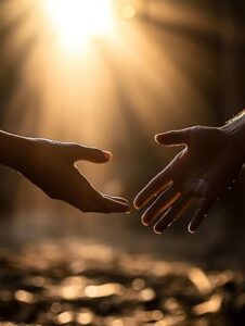 Close-up of two people reaching toward each other, gently touching hands in a soft-focus, emotional moment without showing faces.