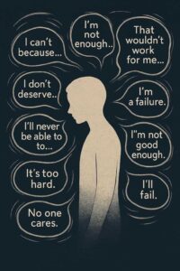 Silhouette of a person surrounded by swirling thought bubbles containing negative self-talk phrases, symbolizing internalized limiting beliefs and emotional struggle.