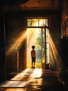 Person standing in a small dim room, gazing out a large open window with light streaming in, symbolizing limiting beliefs and the potential for growth.