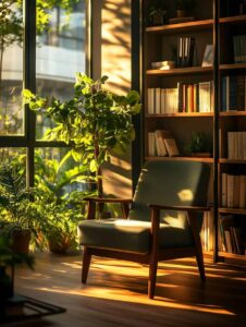 Empty armchair in a softly lit therapy office, symbolizing quiet reflection and emotional presence. therapy office