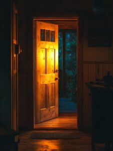 Wooden door boundaries | Catalyst Center A wooden door slightly open with warm light glowing from inside, symbolizing boundaries as access rather than restriction.