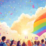 Illustration of diverse LGBTQ+ people standing together beneath a rainbow sky, with one side showing celebration and the other showing protest, symbolizing the dual meaning of Pride Month.