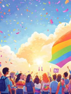 Illustration of diverse LGBTQ+ people standing together beneath a rainbow sky, with one side showing celebration and the other showing protest, symbolizing the dual meaning of Pride Month.