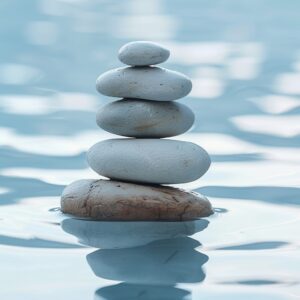 Stacked smooth river stones balanced in calm water, symbolizing harmony, balance, and integrative healing, including psychiatry