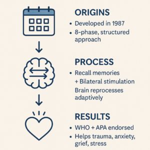 Vertical infographic showing three steps of EMDR therapy with icons and arrows: origins (1987, 8-phase structured approach), process (recall memories with bilateral stimulation, brain reprocesses adaptively), and helps trauma, anxiety, grief, stress)