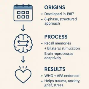 Vertical infographic showing three steps of EMDR therapy with icons and arrows: origins (1987, 8-phase structured approach), process (recall memories with bilateral stimulation, brain reprocesses adaptively), and helps trauma, anxiety, grief, stress)