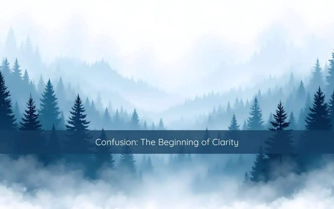 Sunlight breaking through morning fog in a forest, symbolizing clarity emerging from confusion.
