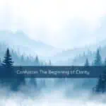 Sunlight breaking through morning fog in a forest, symbolizing clarity emerging from confusion.