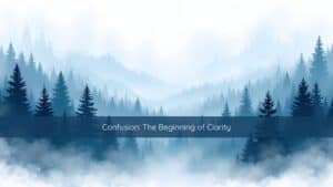 Sunlight breaking through morning fog in a forest, symbolizing clarity emerging from confusion.