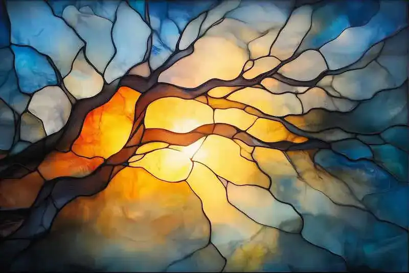 tree with sun on stained glass
