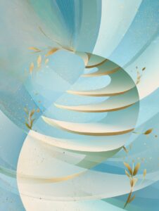 Gentle upward spiral in blue tones symbolizing growth, resilience, integration, and healing in integrative psychiatry.