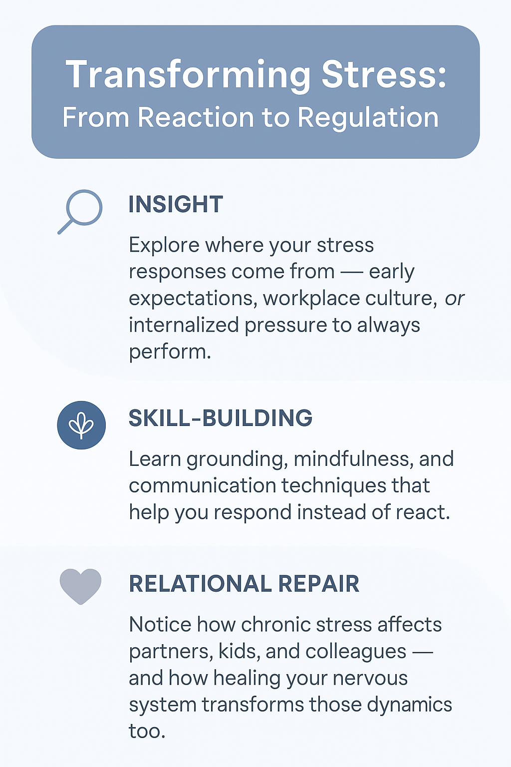Vertical infographic in light blue and grey titled “Transforming Stress: From Reaction to Regulation.” It highlights three sections — Insight, Skill-Building, and Relational Repair —