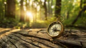 Close-up of a brass compass resting on a wooden surface with a blurred forest background, symbolizing clarity, direction, and guidance in the psychological evaluation process.