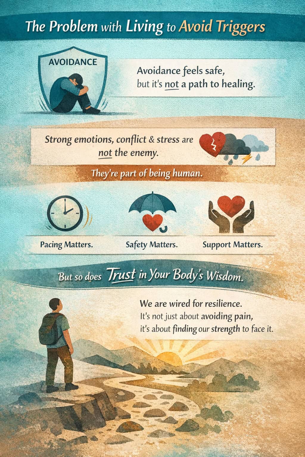 Infographic on avoiding triggers, showing how avoidance can limit healing and how trust, support, and resilience help the nervous system adapt.