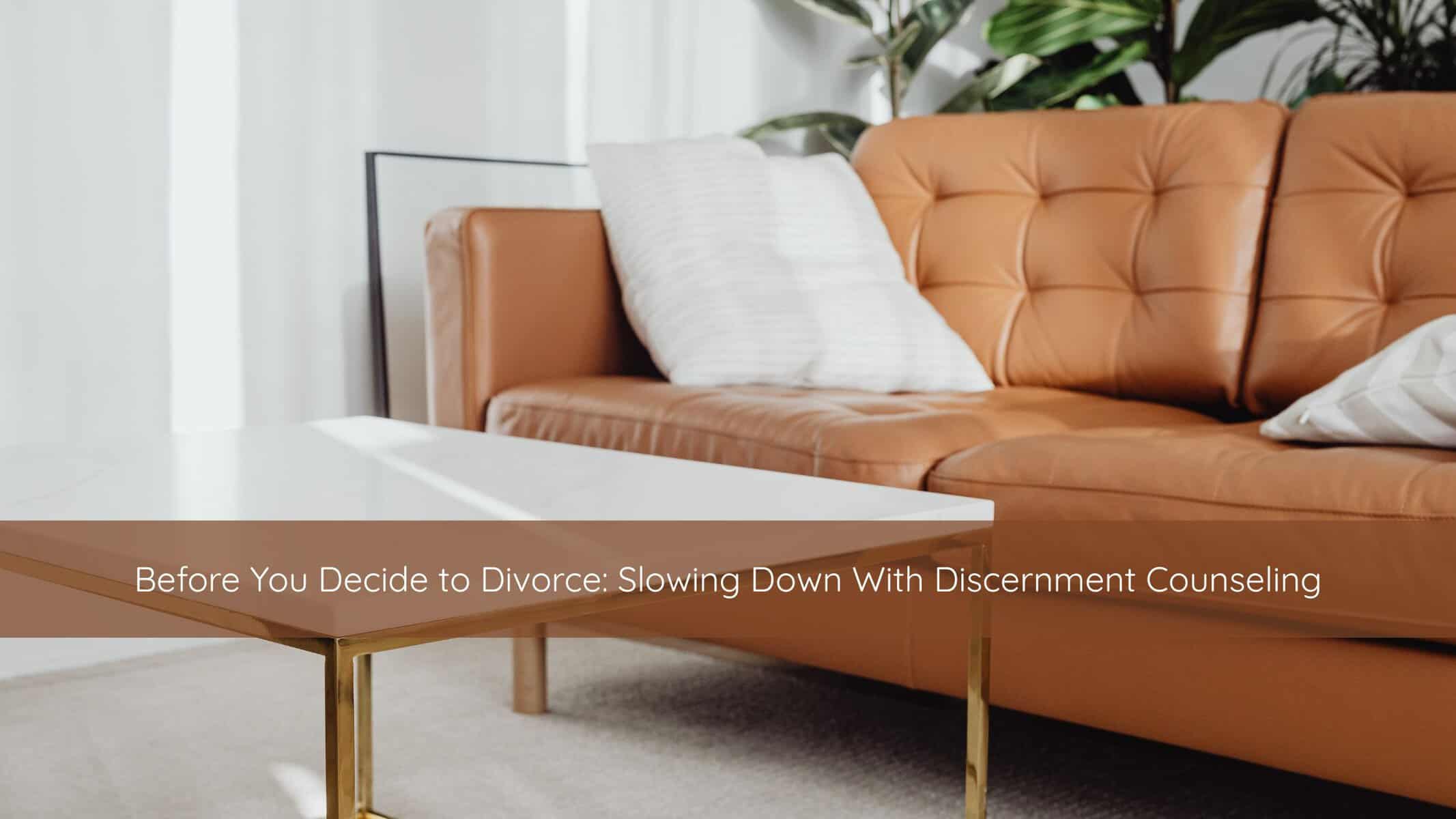 Calm therapy room with chairs arranged for discernment counseling and intentional relationship decision-making.