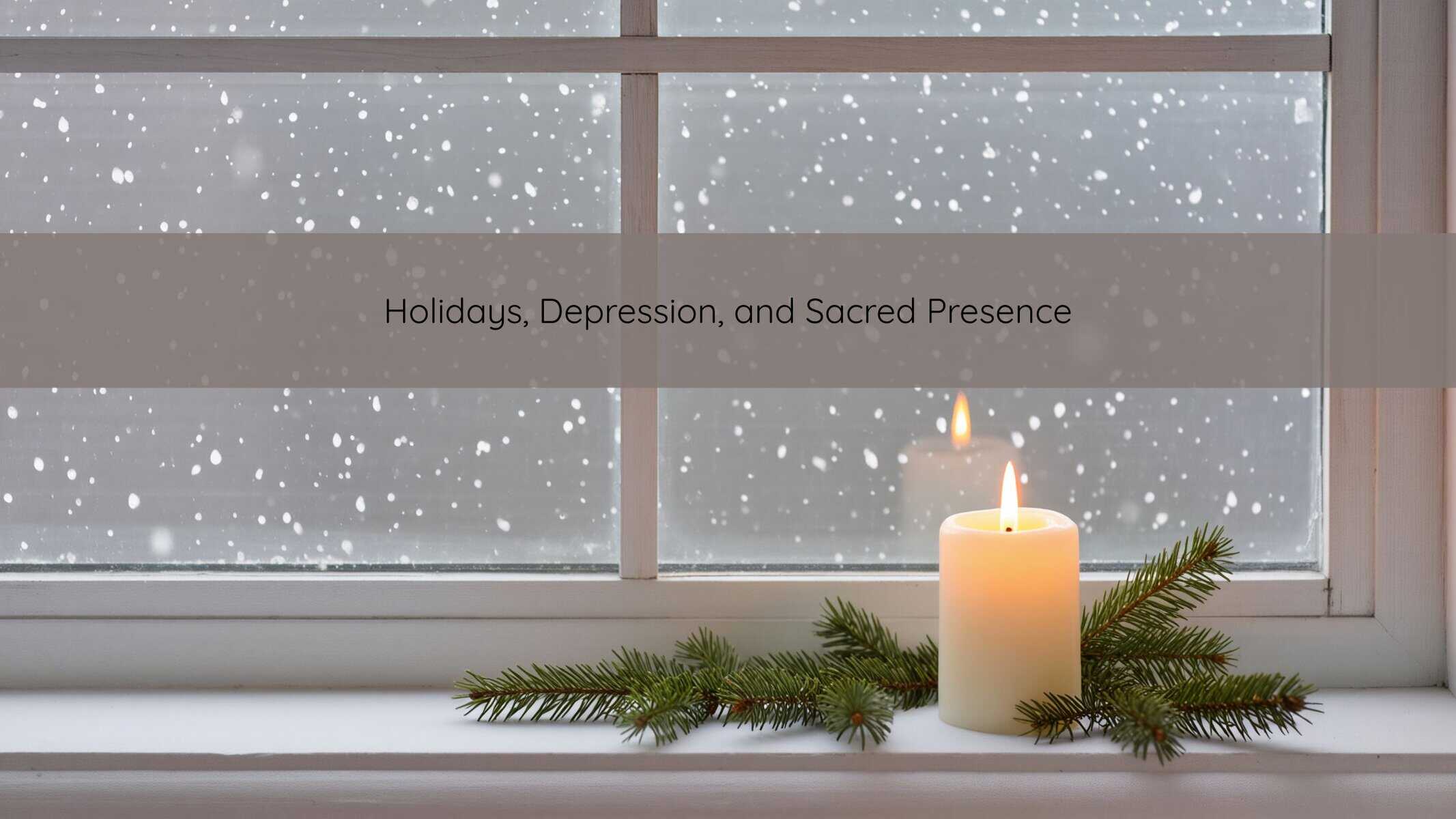 Candle glowing beside a window at winter dusk, reflecting stillness, grief, and sacred presence during the holidays