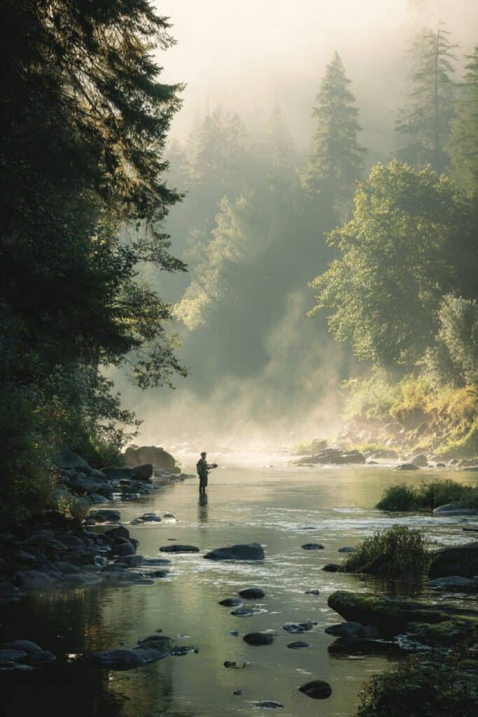 Fly fisherman standing calmly in a river, feeling the current and holding a rod with relaxed posture, practicing mindful body awareness.