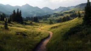 Colorado aspen grove with a sunlit dirt path branching gently through the trees.