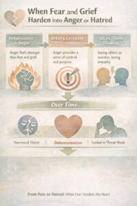 A trauma-informed infographic showing how unresolved fear and grief can shift into anger and dehumanization over time, and how nervous systems respond to ongoing threat.