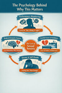 Infographic showing the psychology of sexual performance anxiety in men, illustrating a cycle of performance monitoring, reduced arousal and tension, erectile difficulties and avoidance, and shame or self-doubt, highlighting how masculinity norms impact sexual health and intimacy.