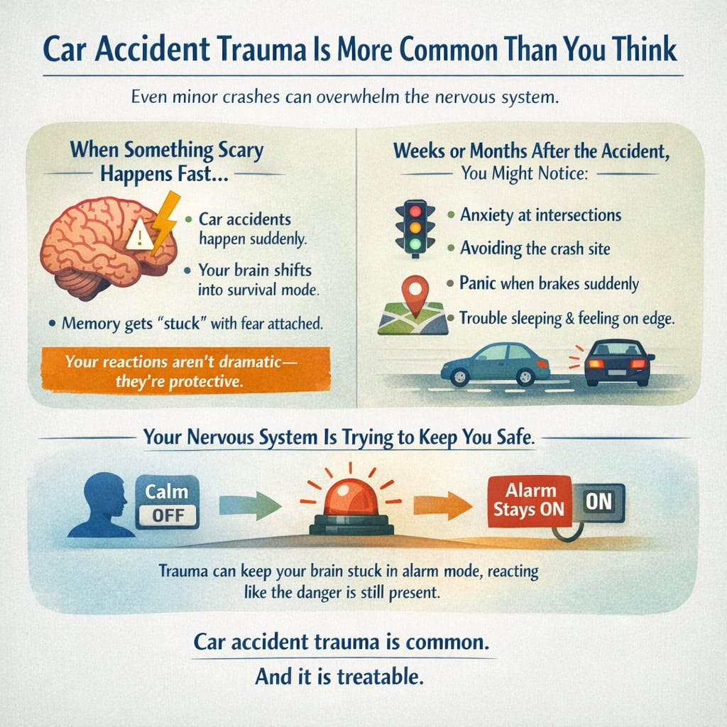 Infographic explaining why car accident trauma is common, how the brain stores traumatic memories, and how EMDR intensives for car accidents help reduce driving anxiety and PTSD symptoms.