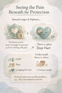 Infographic illustrating how trauma and emotional neglect affect intimacy, showing protective “parts” and the deeper emotional pain beneath, inspired by Internal Family Systems (IFS) therapy.