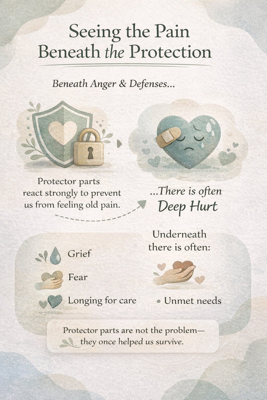 Infographic illustrating how trauma and emotional neglect affect intimacy, showing protective “parts” and the deeper emotional pain beneath, inspired by Internal Family Systems (IFS) therapy.