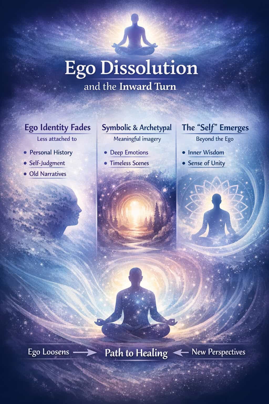 Infographic illustrating ego dissolution and the inward turn during ketamine-assisted psychotherapy, showing how ketamine and near-death experiences quiet ego identity and support healing from depression.