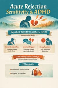 Infographic on rejection-sensitive dysphoria in ADHD and how IFS therapy supports emotional regulation after social rejection.