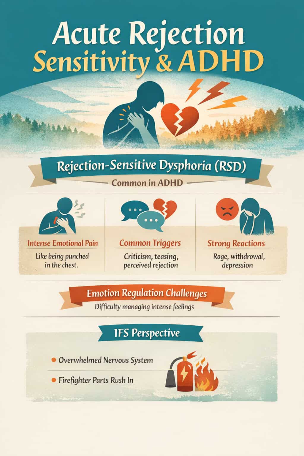Infographic on rejection-sensitive dysphoria in ADHD and how IFS therapy supports emotional regulation after social rejection.