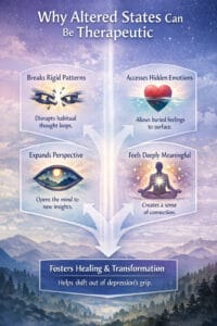 Infographic explaining why altered states can be therapeutic in ketamine-assisted psychotherapy for depression, showing how ketamine experiences disrupt rigid thought patterns, access emotions, expand perspective, and support healing.