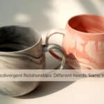 Two mugs resting side by side on a wooden table in soft natural light, symbolizing connection and companionship in neurodivergent relationships.
