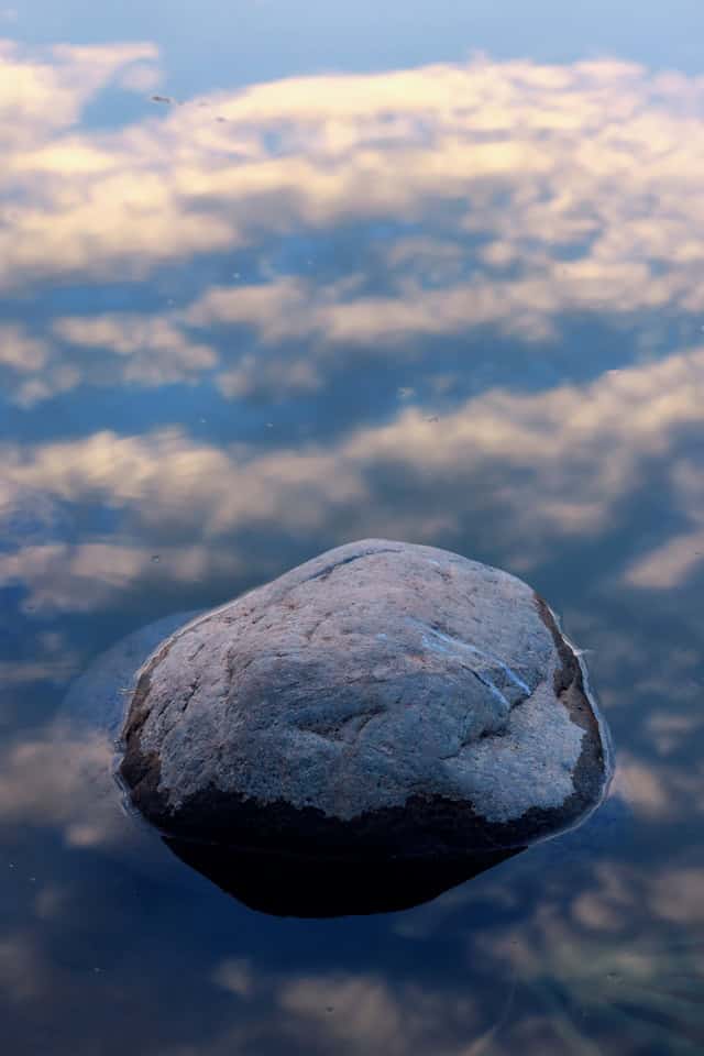 A smooth stone resting on calm water with rippling circles, symbolizing stillness and beginner's mind