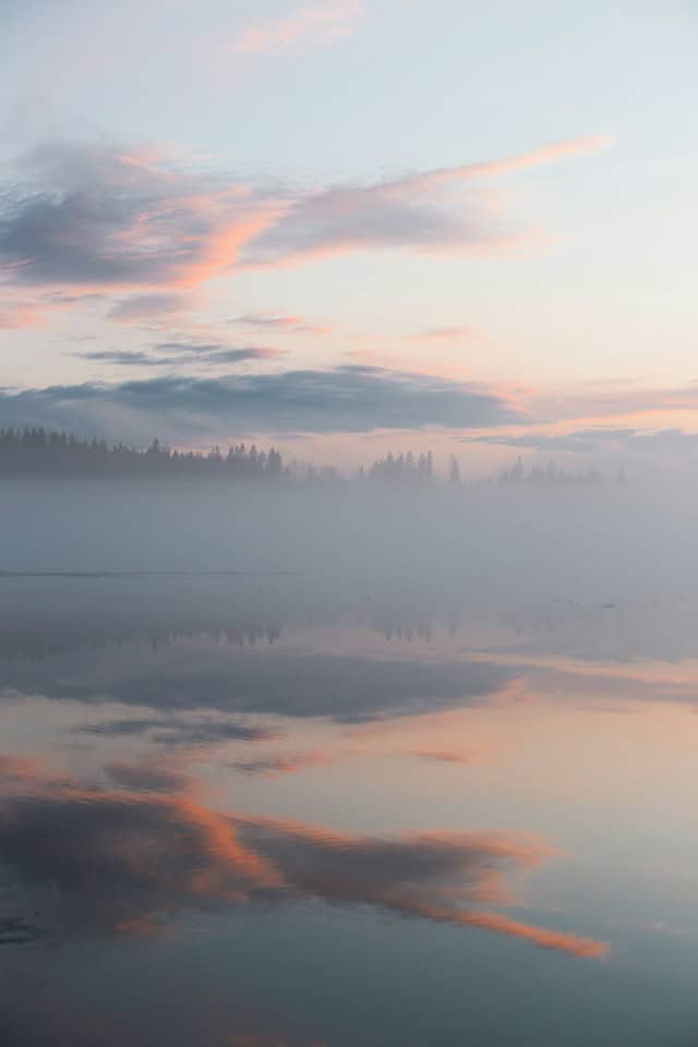 Soft morning mist over still water, representing staying present with uncertainty after ketamine-assisted psychotherapy
